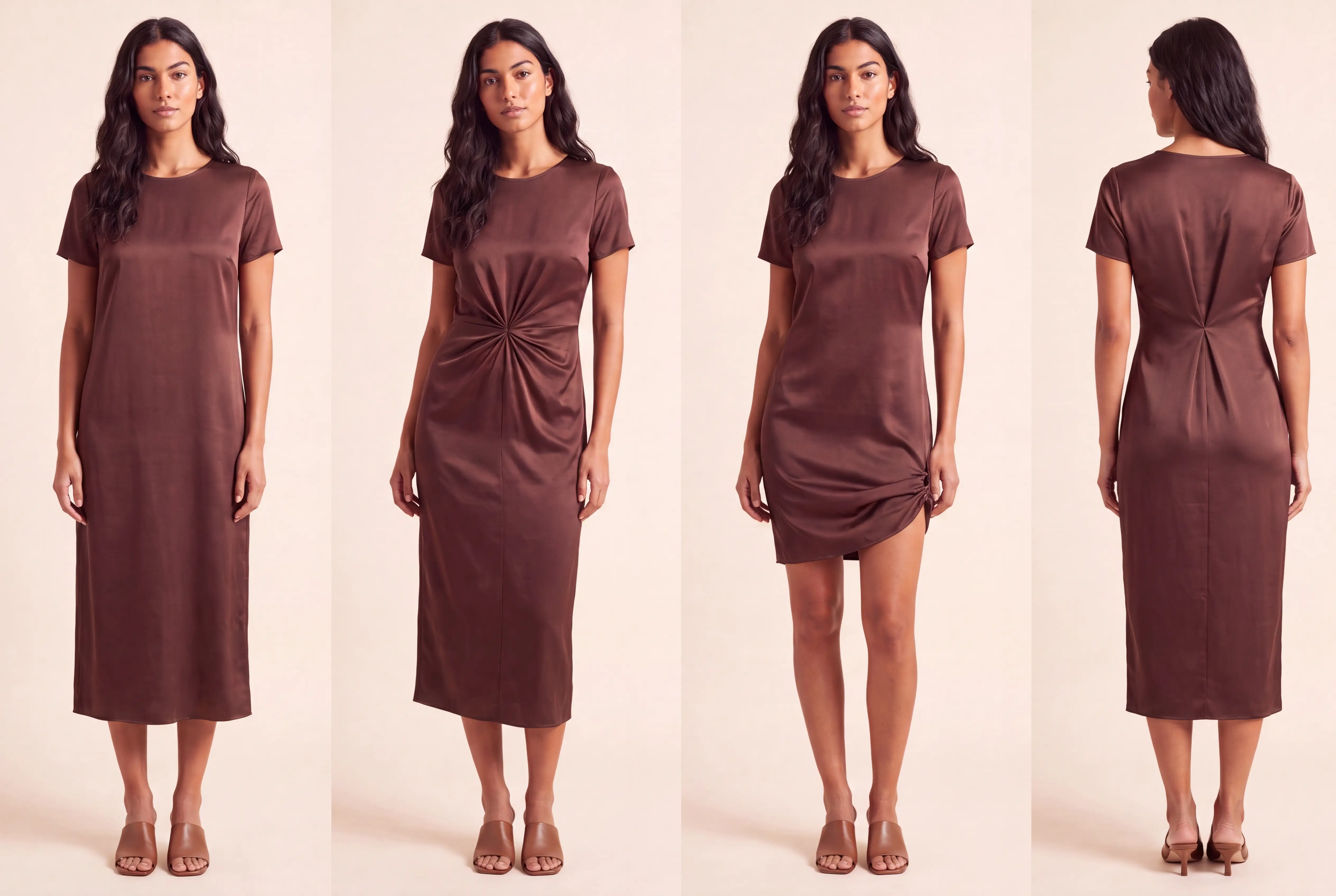 One dress styled four ways with Tailor Ring: plain, cinched at the waist, hem shortened, and cinched at the back
