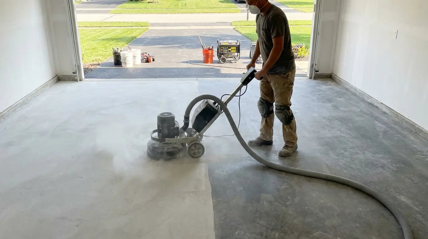 Diamond grinding a bare slab in an empty garage