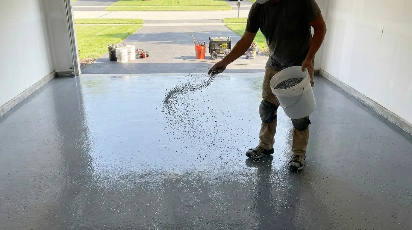 Broadcasting color flakes from a bucket onto wet coating