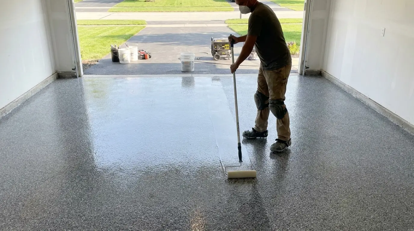 Rolling glossy polyaspartic clear topcoat over the flaked floor