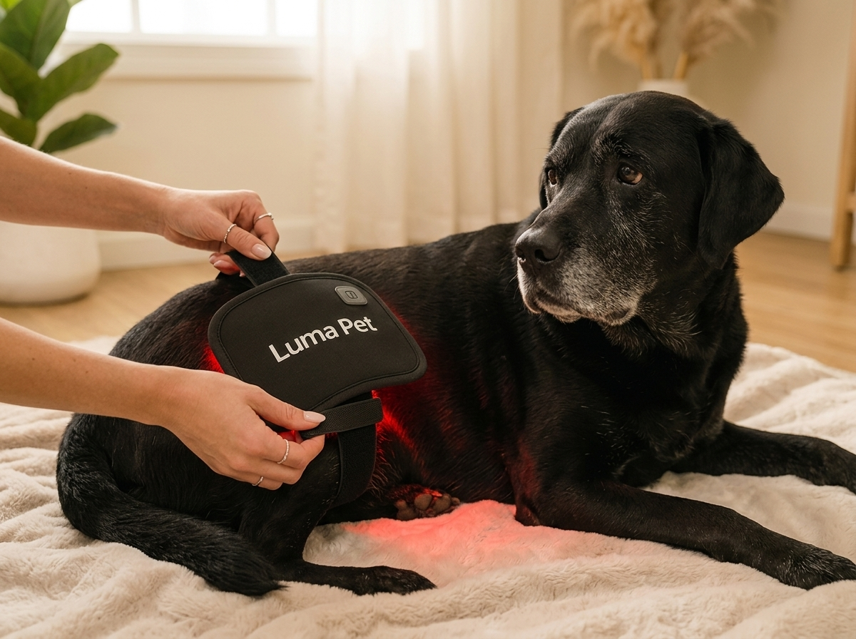 Owner adjusting the strap of a LumaPet red light therapy pad on a senior Labrador