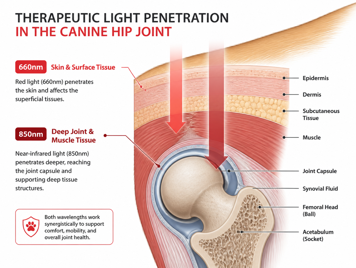 Diagram showing 660nm red light reaching surface tissue and 850nm near-infrared light reaching deep joint and muscle tissue