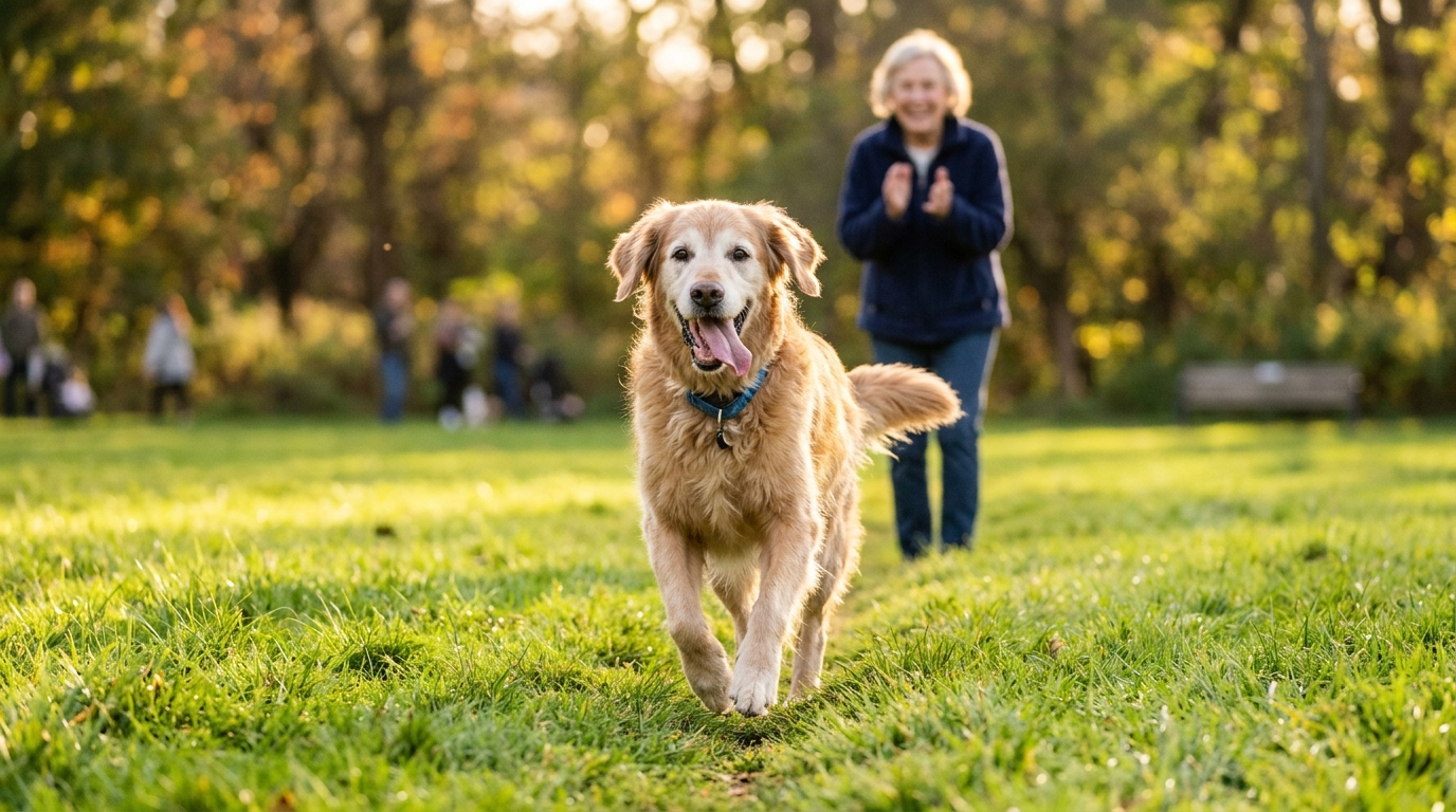Happy senior Golden Retriever trotting across a park lawn
