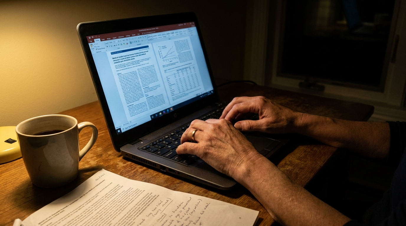 Doctor reading research at night
