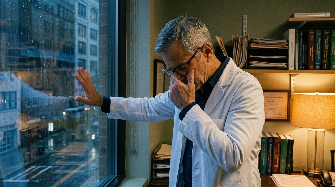 Dr. Osei alone at his office window at night