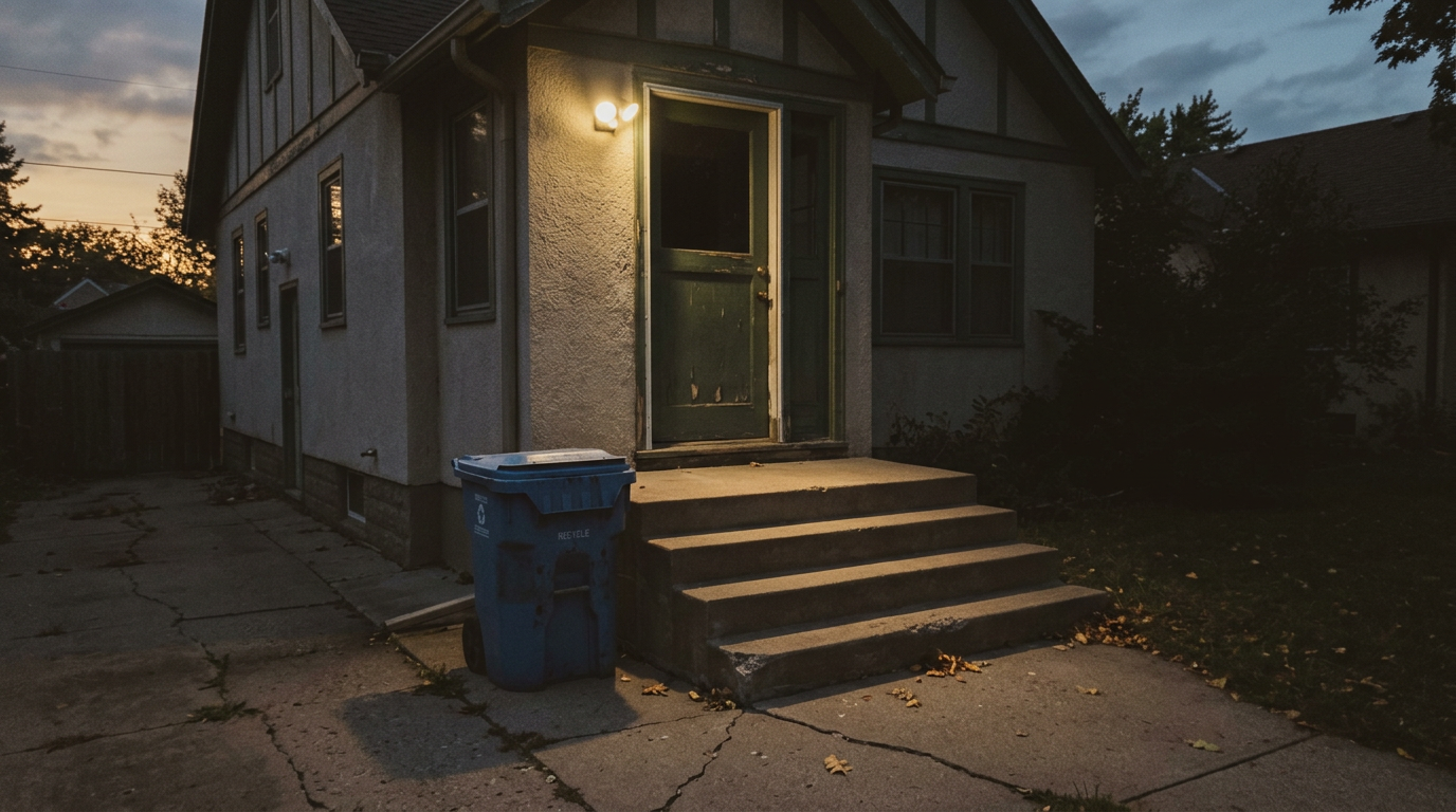 Empty front porch steps at dusk, recycling bin at the bottom