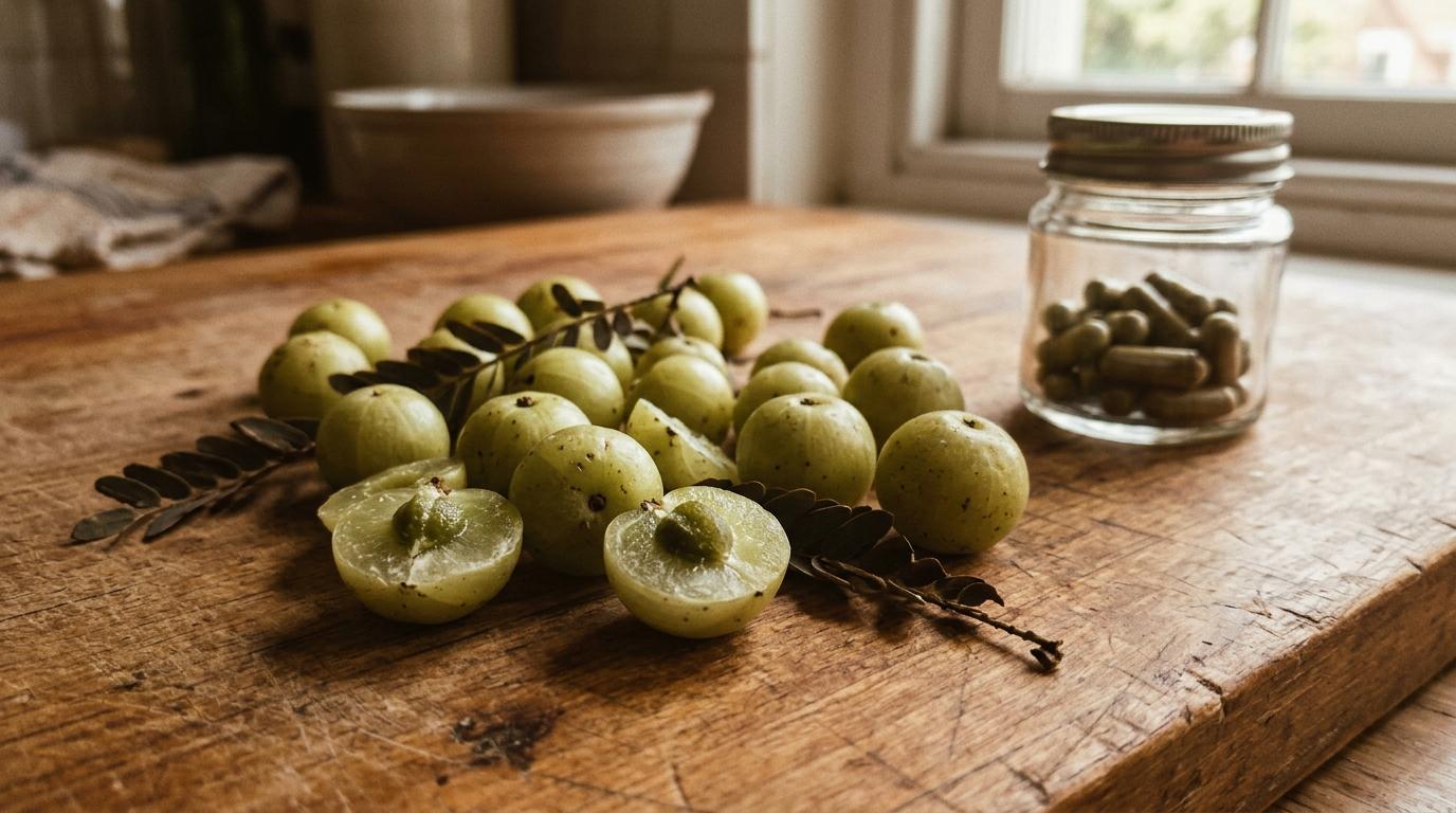Fresh amla berries on cream surface, morning light