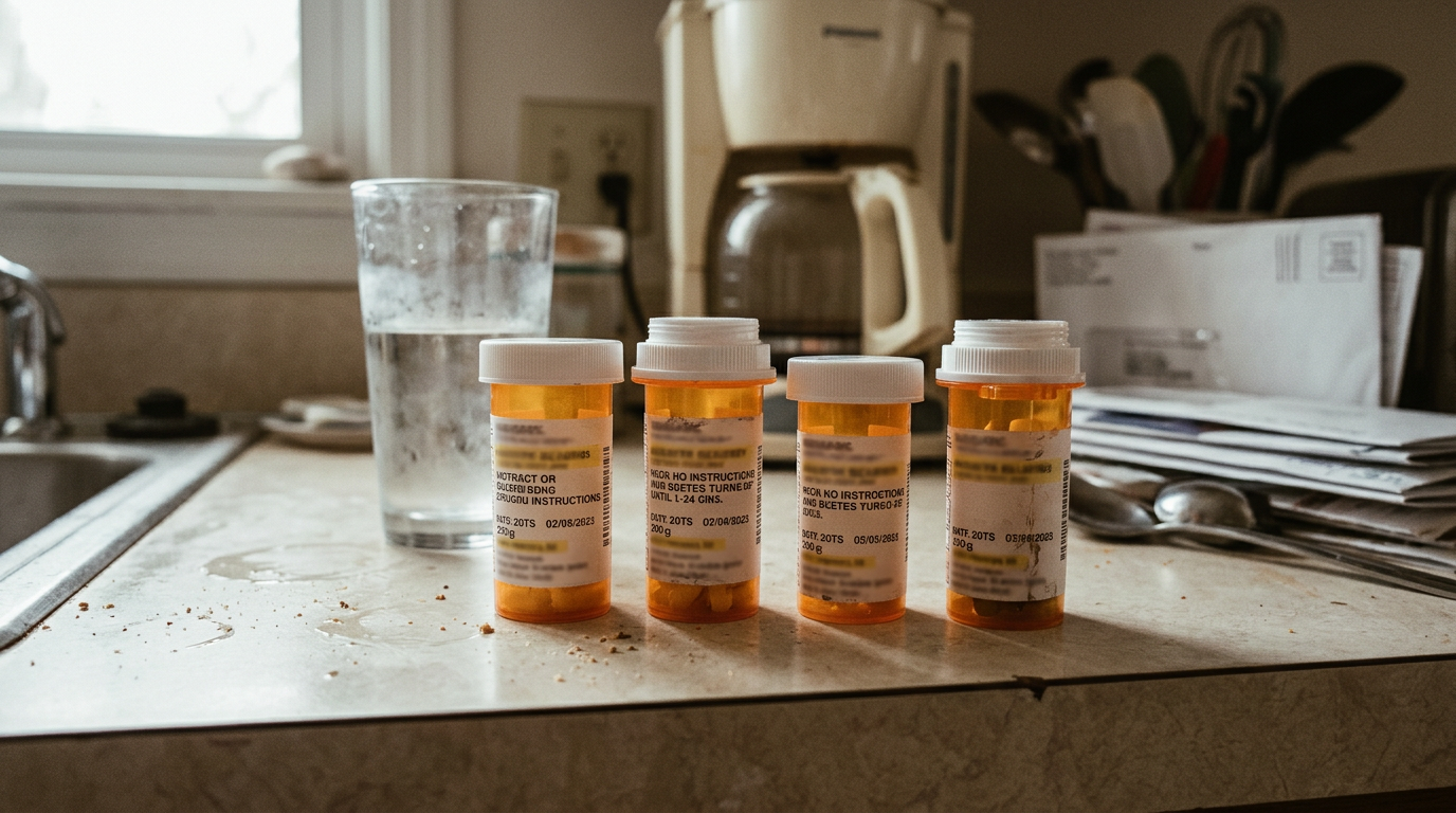 Prescription medication bottles lined up on a counter