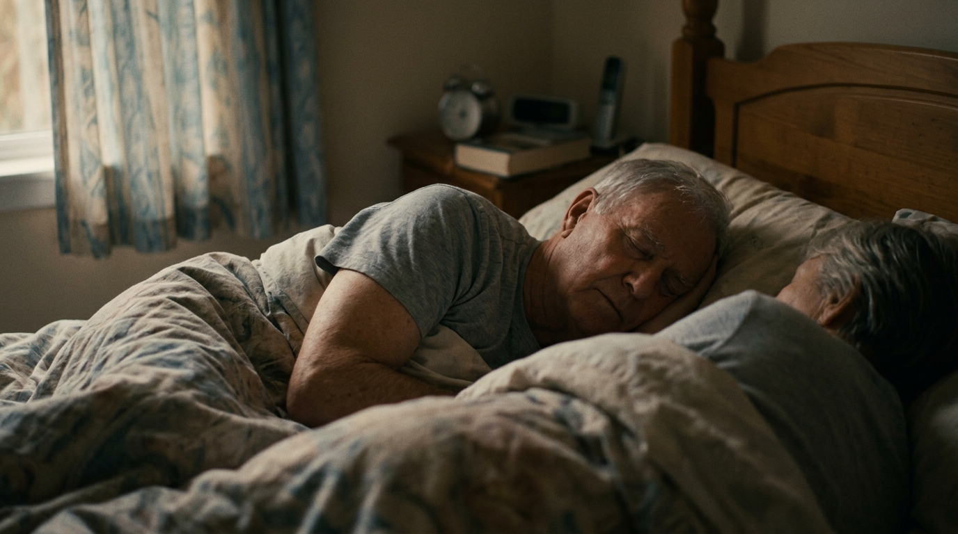 Elderly man sleeping peacefully through the night for the first time in years