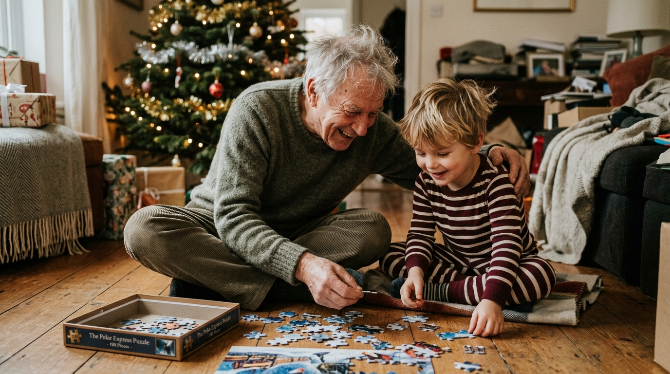 Grandfather on the floor with grandchild doing a puzzle, Christmas morning