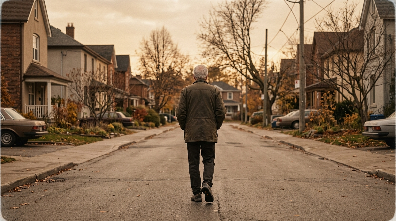Elderly man walking confidently down a street alone in morning light