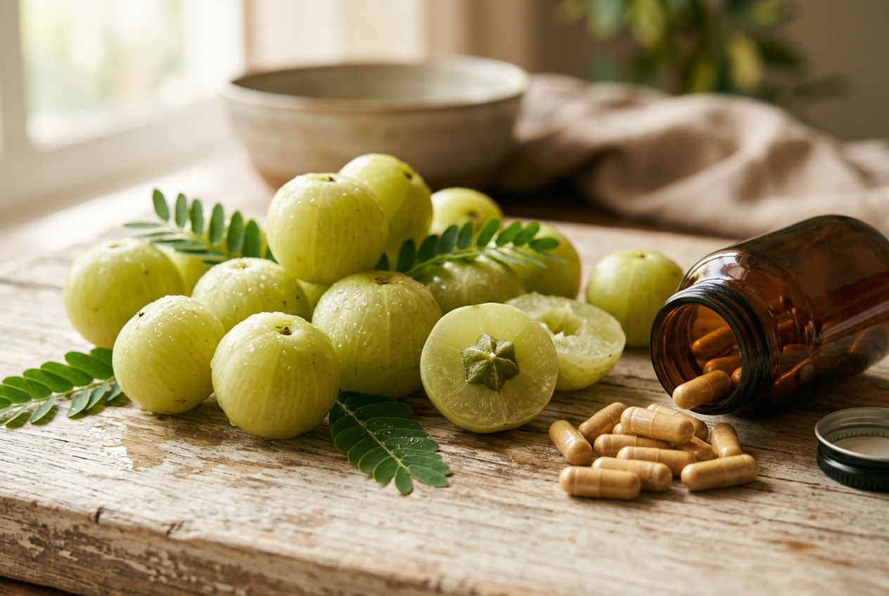 Fruta fresca de amla junto a capsulas naturales