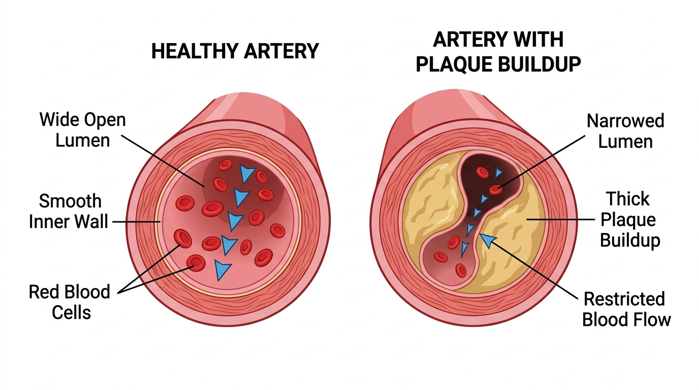 Diagrama: arteria sana vs arteria con placa