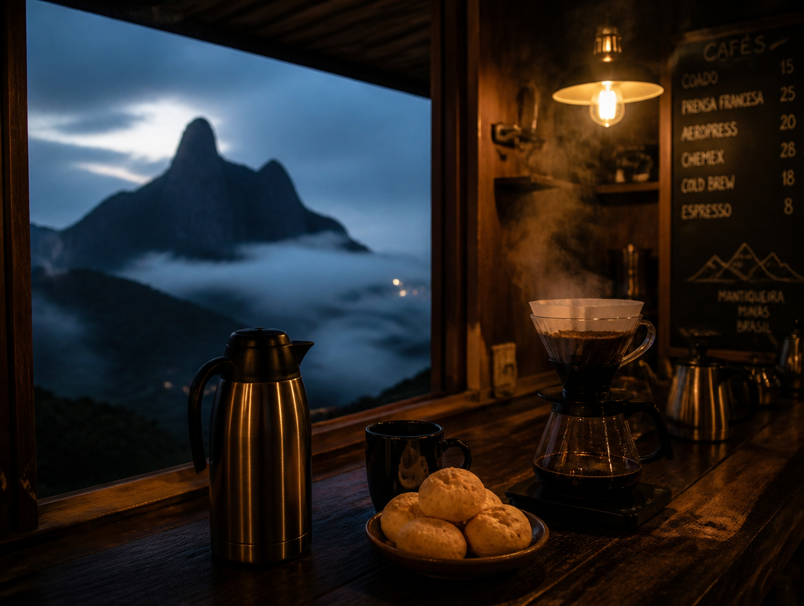 Balcão da cafeteria antes do amanhecer, com térmica, pão de queijo e coador V60