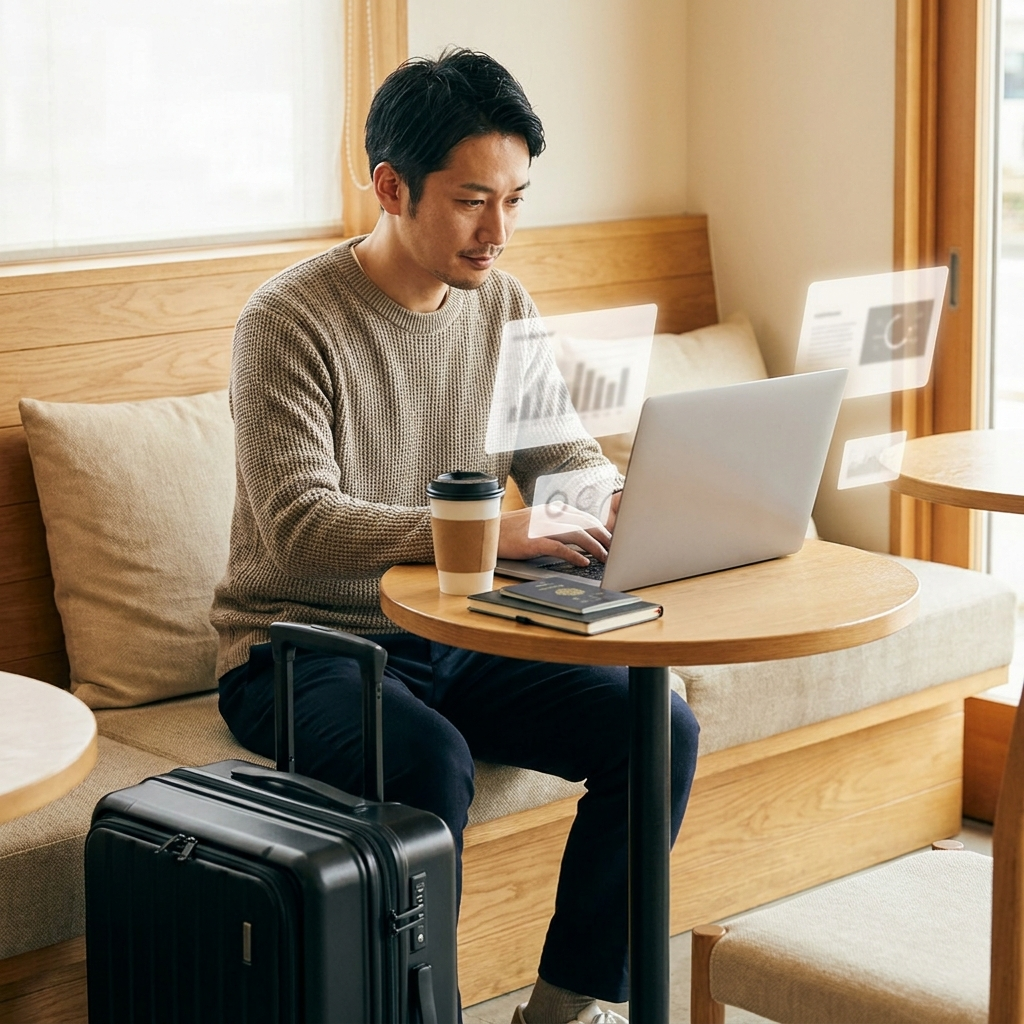 ノートPCで物販を管理する人物