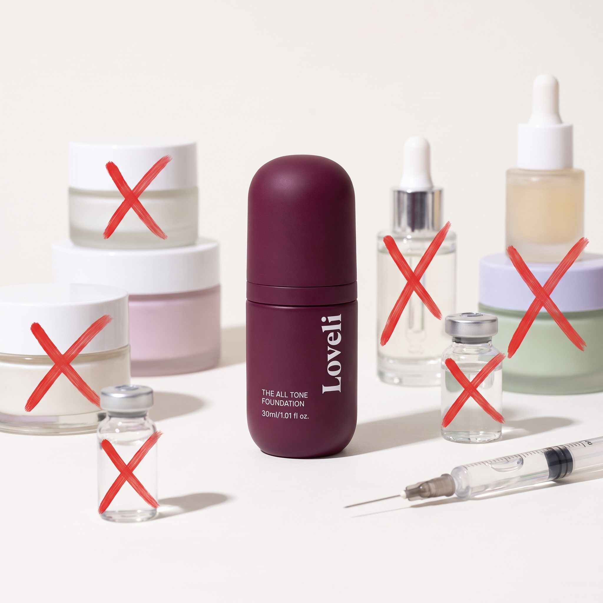 Loveli foundation among crossed-out creams and injectables