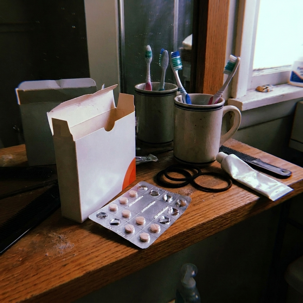 Hormone therapy patch box and tablets on a kitchen counter