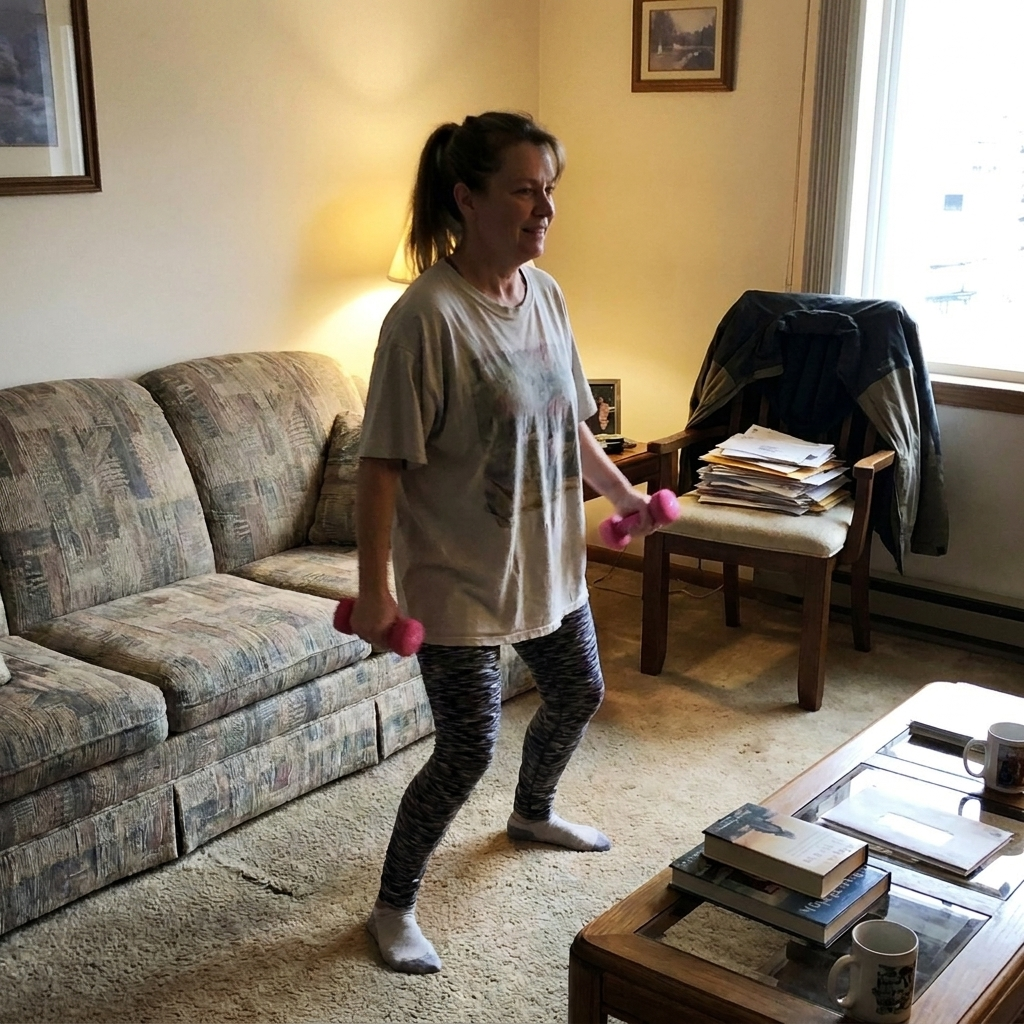 Woman doing a light dumbbell shoulder exercise at home