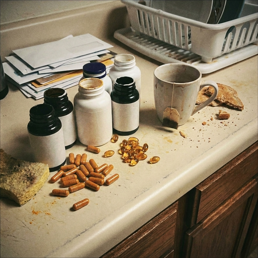 Turmeric capsules, omega-3 softgels and glucosamine tablets in small dishes