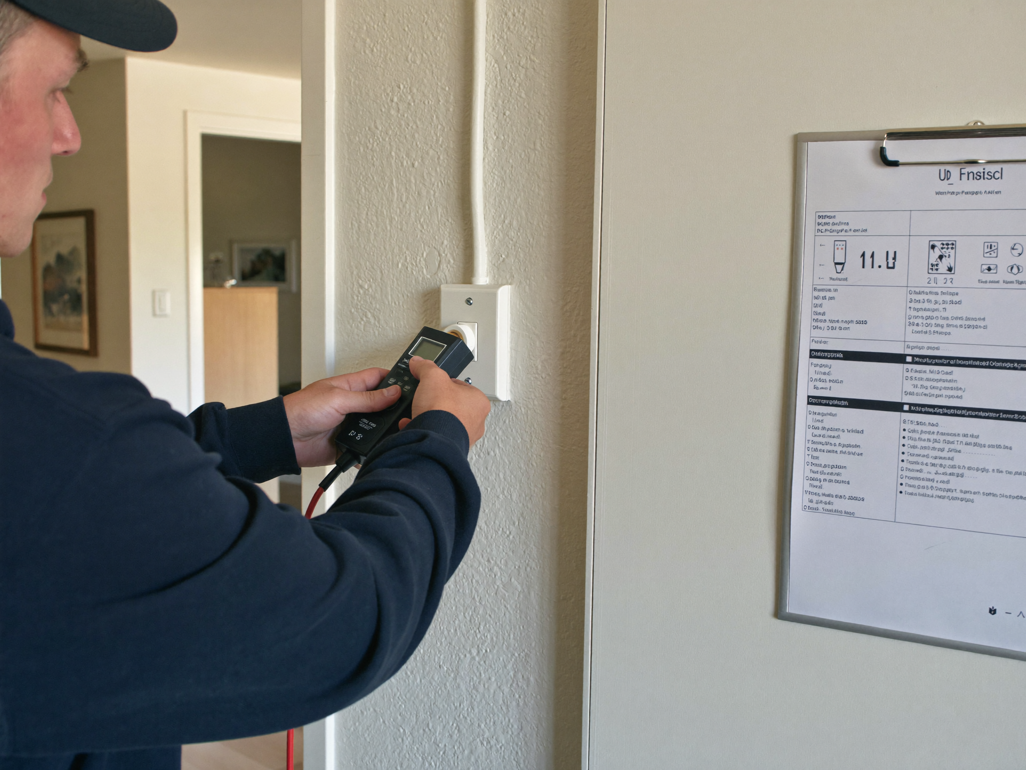 Electrician testing an Australian power point during an electrical safety inspection in Adelaide