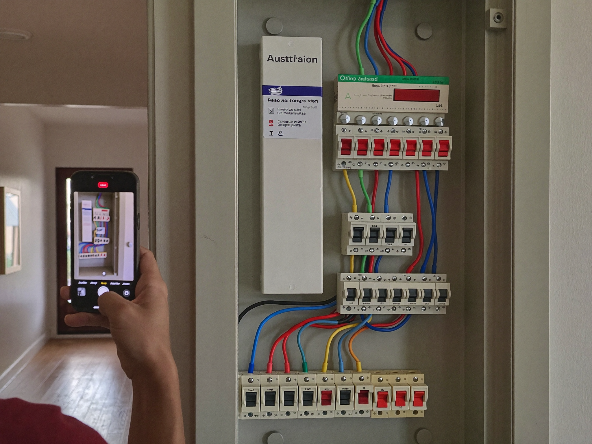 Homeowner photographing their Australian switchboard for an Adelaide safety check