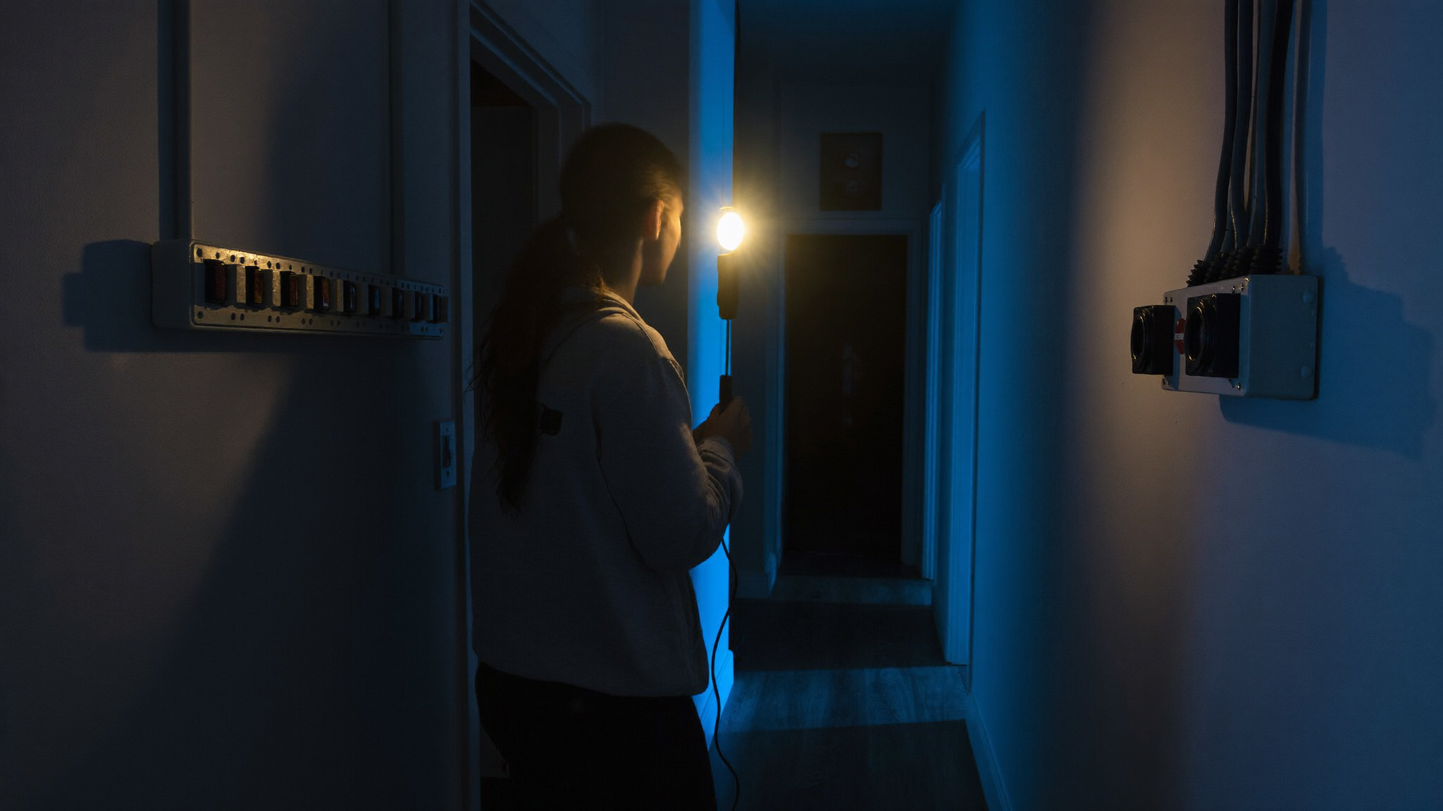 Checking the Australian switchboard by torchlight during an Adelaide power outage