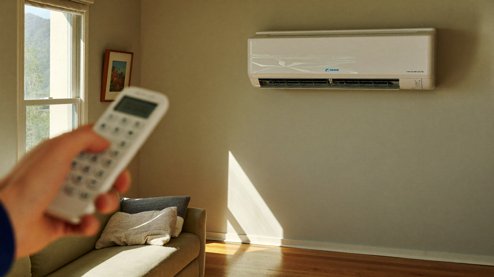 Daikin split system air conditioner running in an Adelaide living room