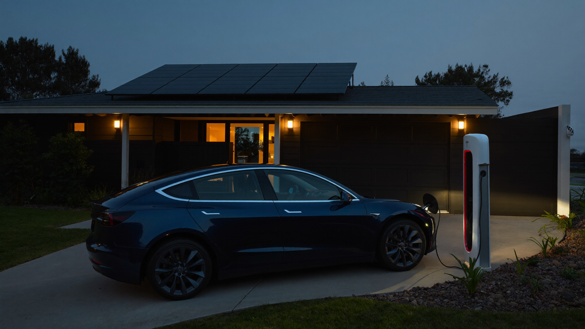 Tesla charging from a Tesla Wall Connector at dusk in Adelaide