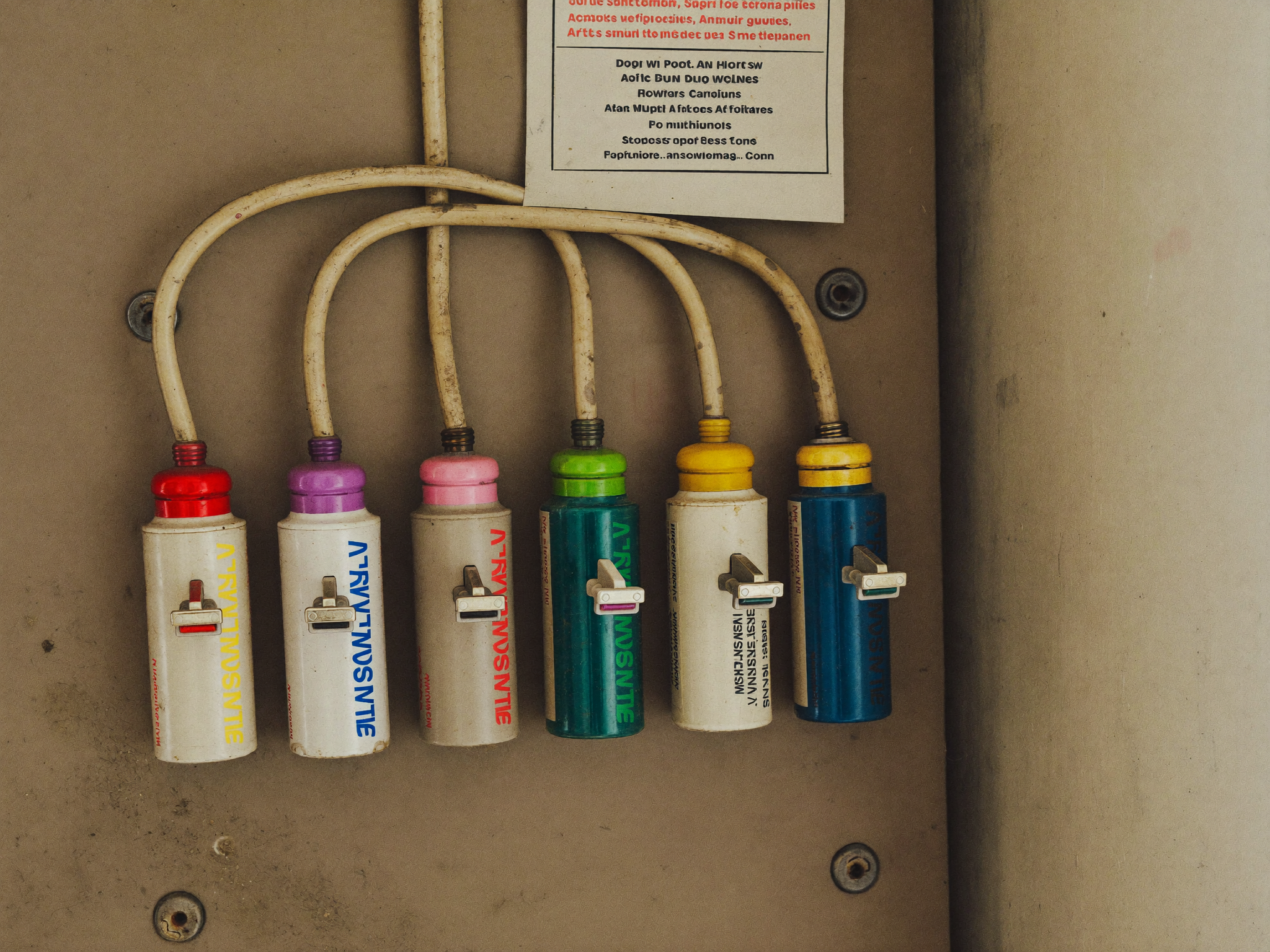 Worn Australian switchboard with ceramic fuses and no safety switches