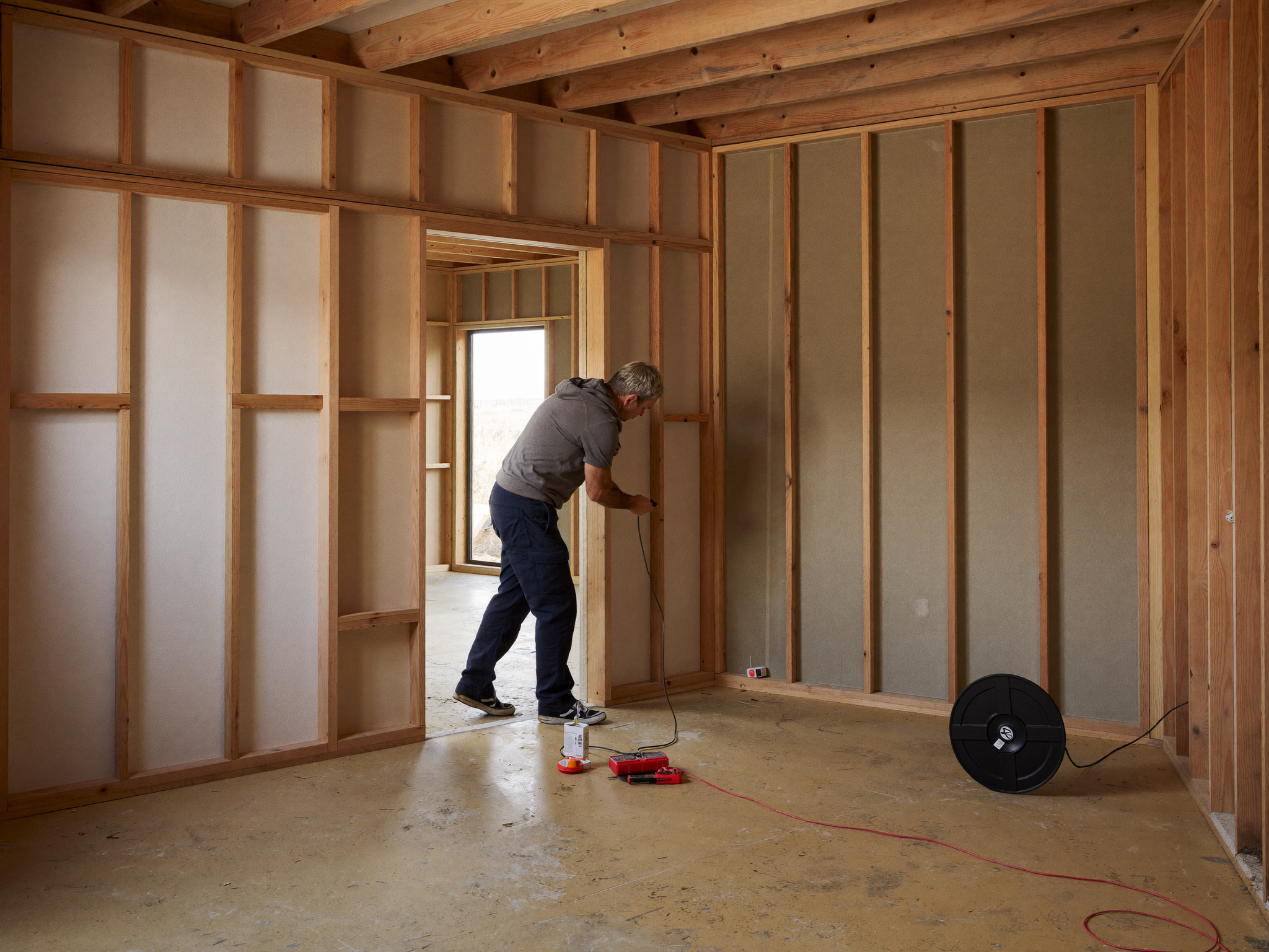 Electrician running cable during rough-in at an Adelaide new-build home