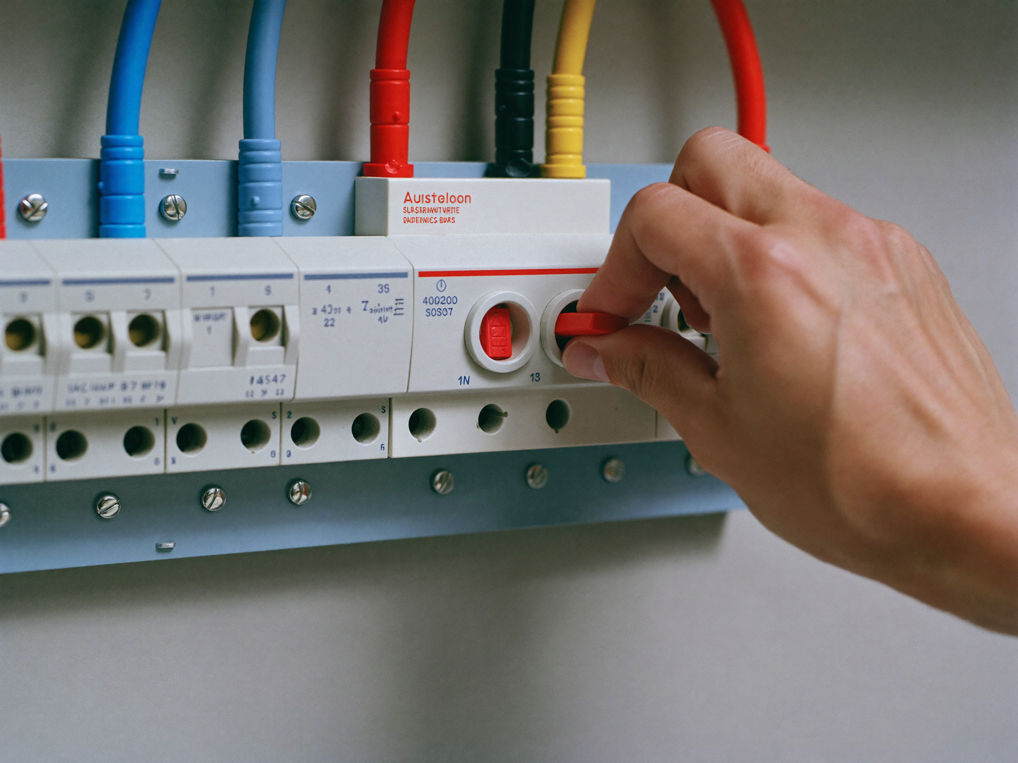Hand resetting a tripped Australian safety switch on a switchboard