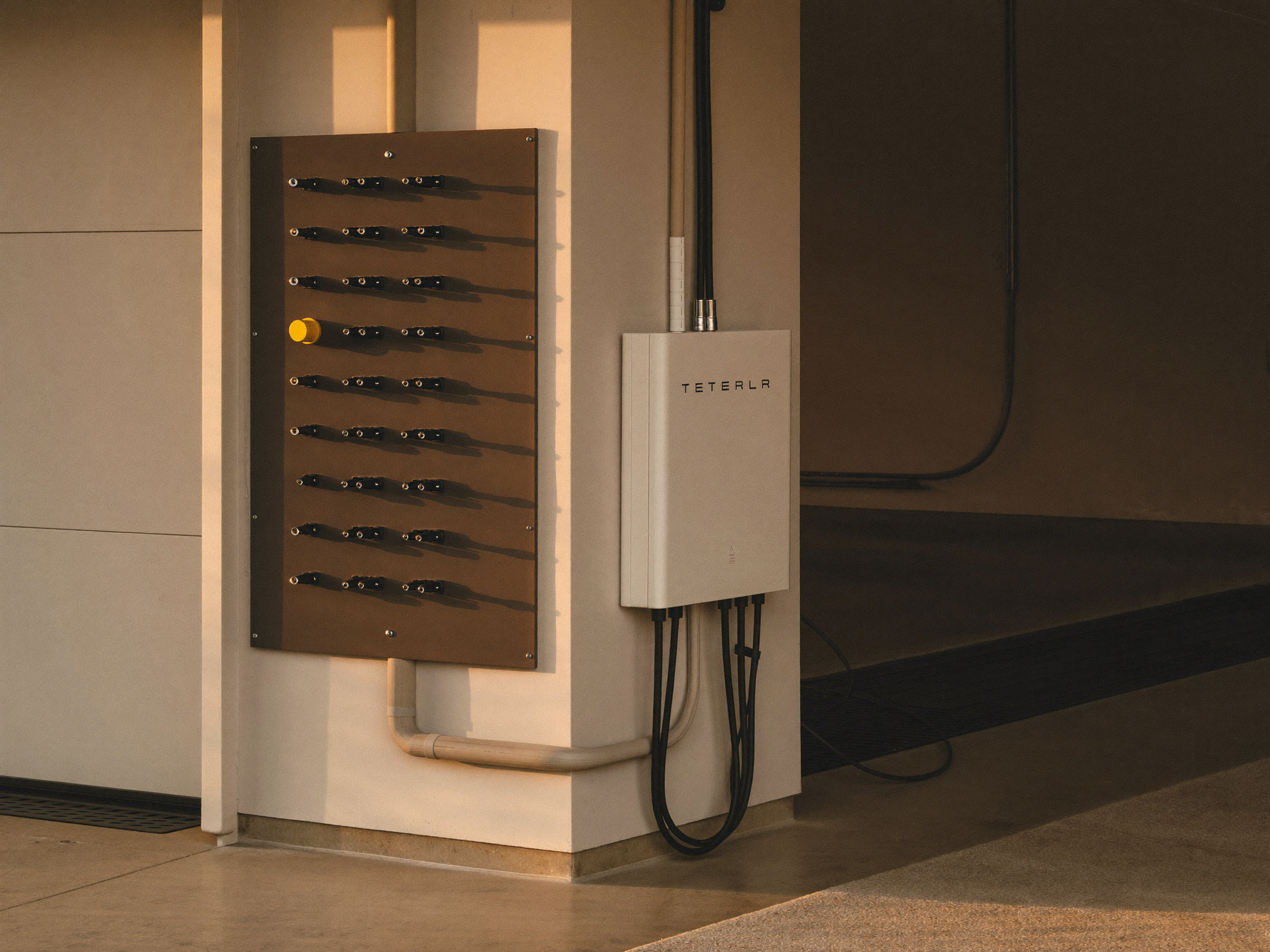 Home battery mounted on a garage wall beside an upgraded Australian switchboard