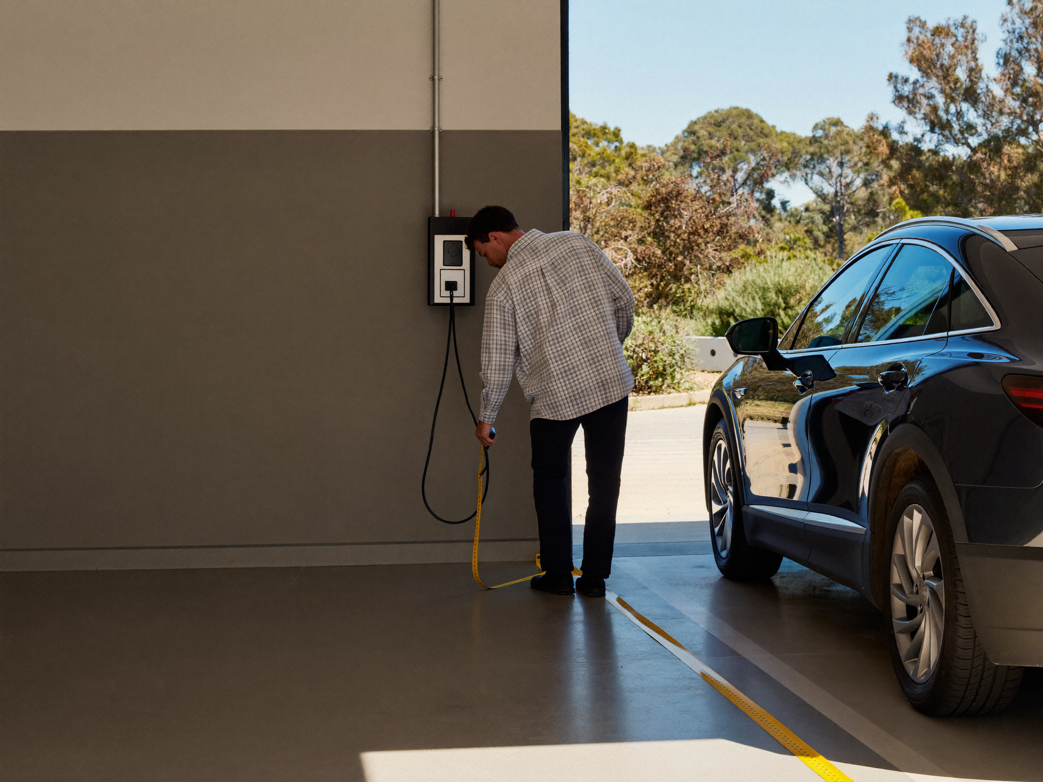 Homeowner measuring the distance from the switchboard to a parked car in an Adelaide garage