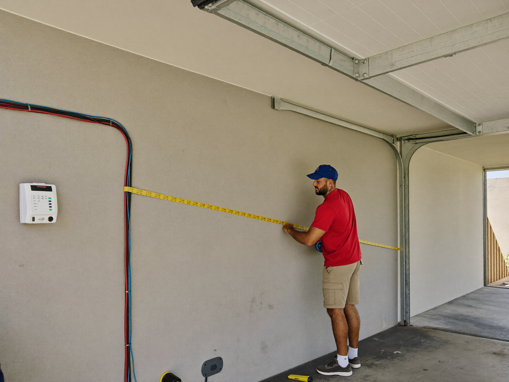 Electrician measuring a cable run across a garage wall for an EV charger installation