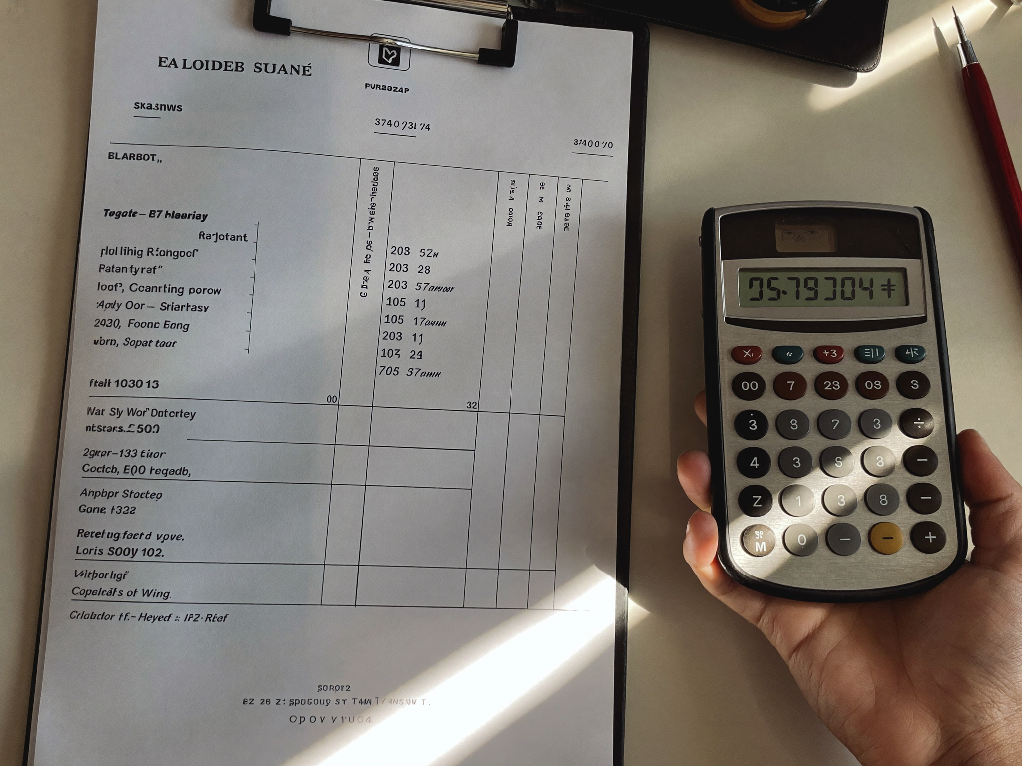 Calculator beside a printed electrical quote and invoice