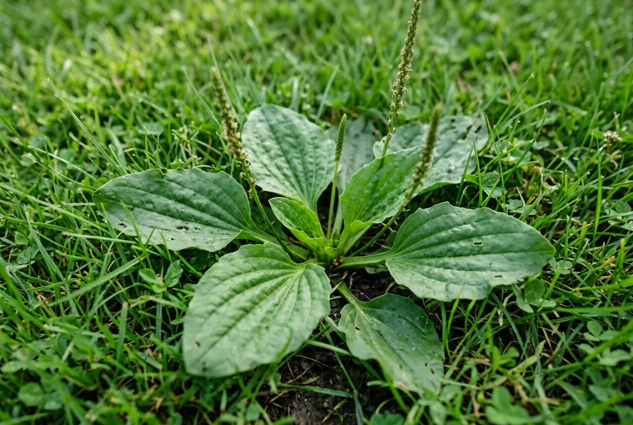 Wegerich (Plantago major) im Rasen
