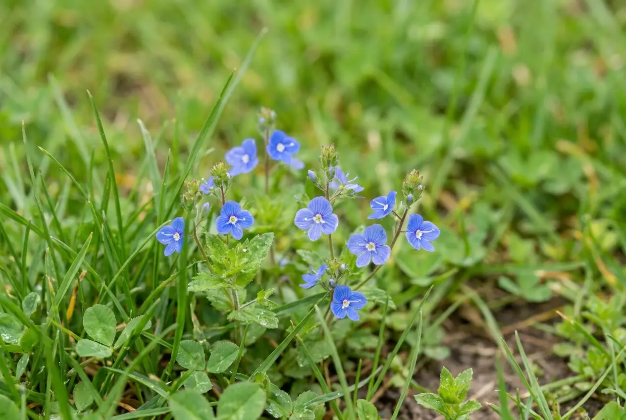 Ehrenpreis (Veronica) im Rasen