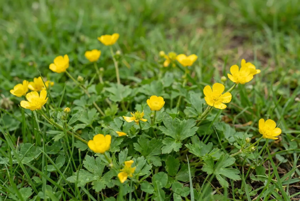 Hahnenfuß (Ranunculus repens) im Rasen