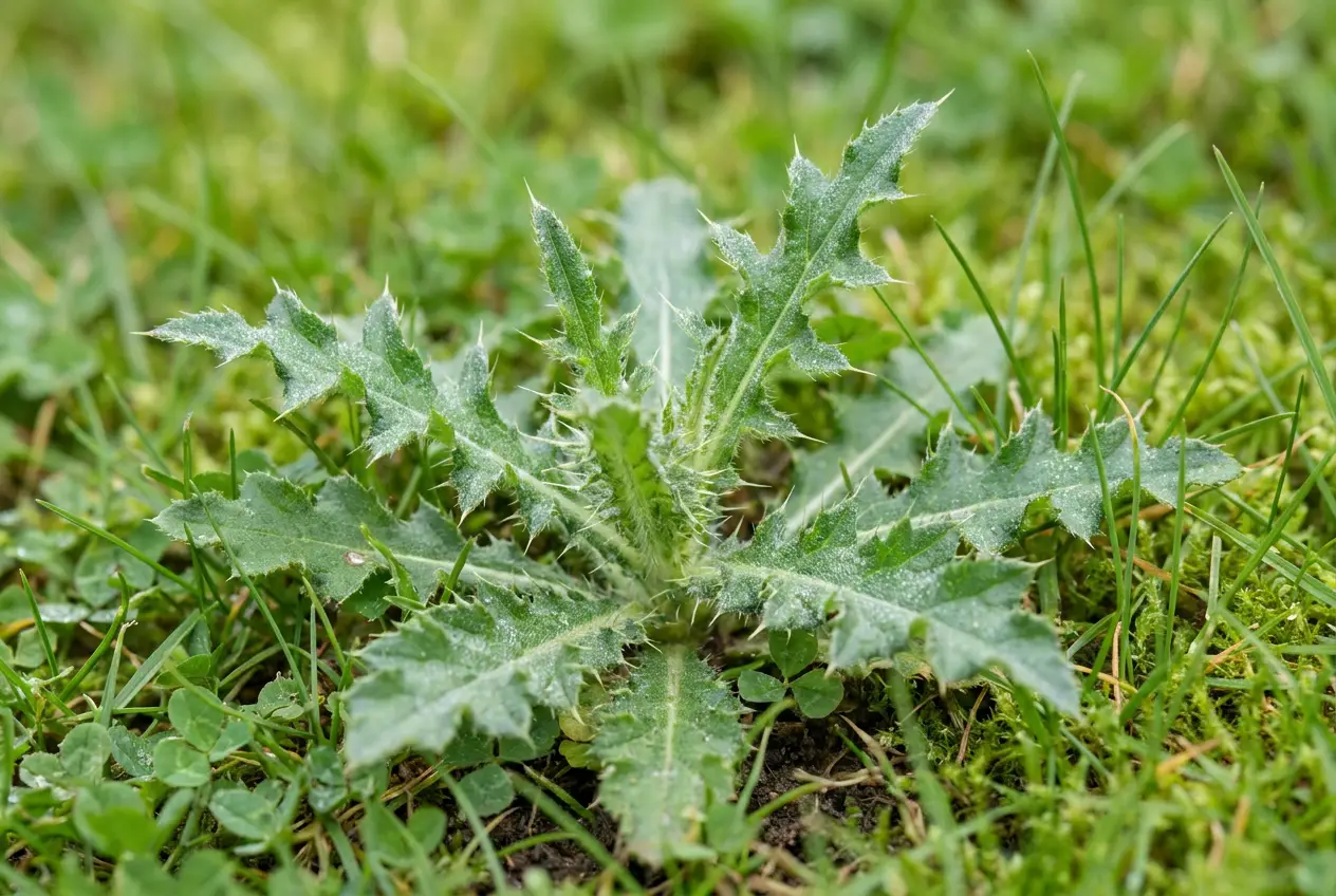 Distel (Cirsium arvense) im Rasen