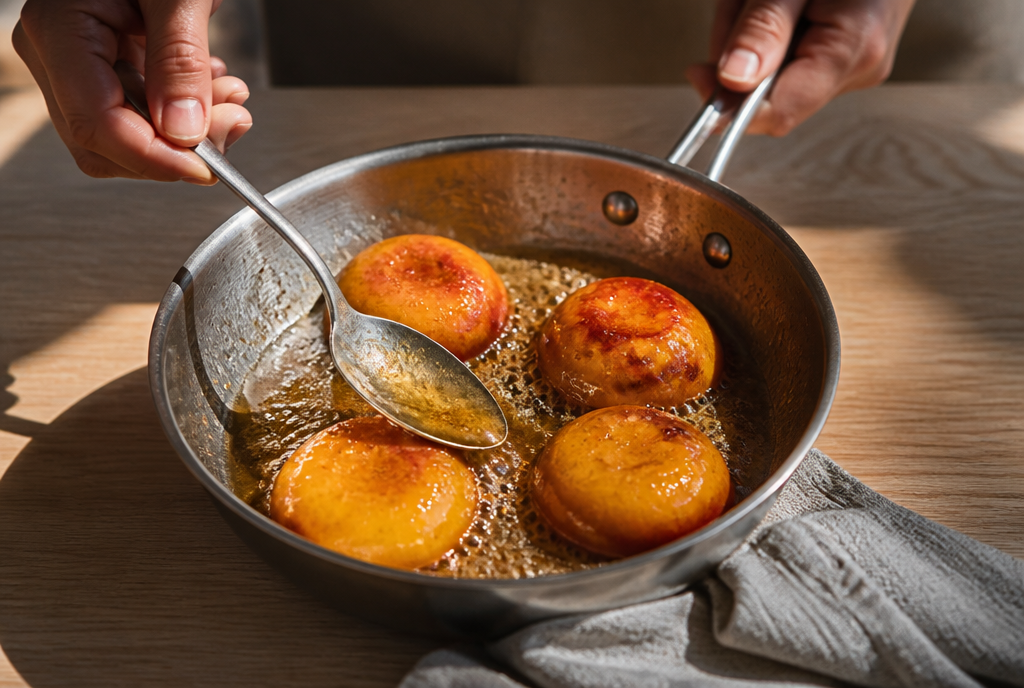 Peach halves caramelising in butter and honey