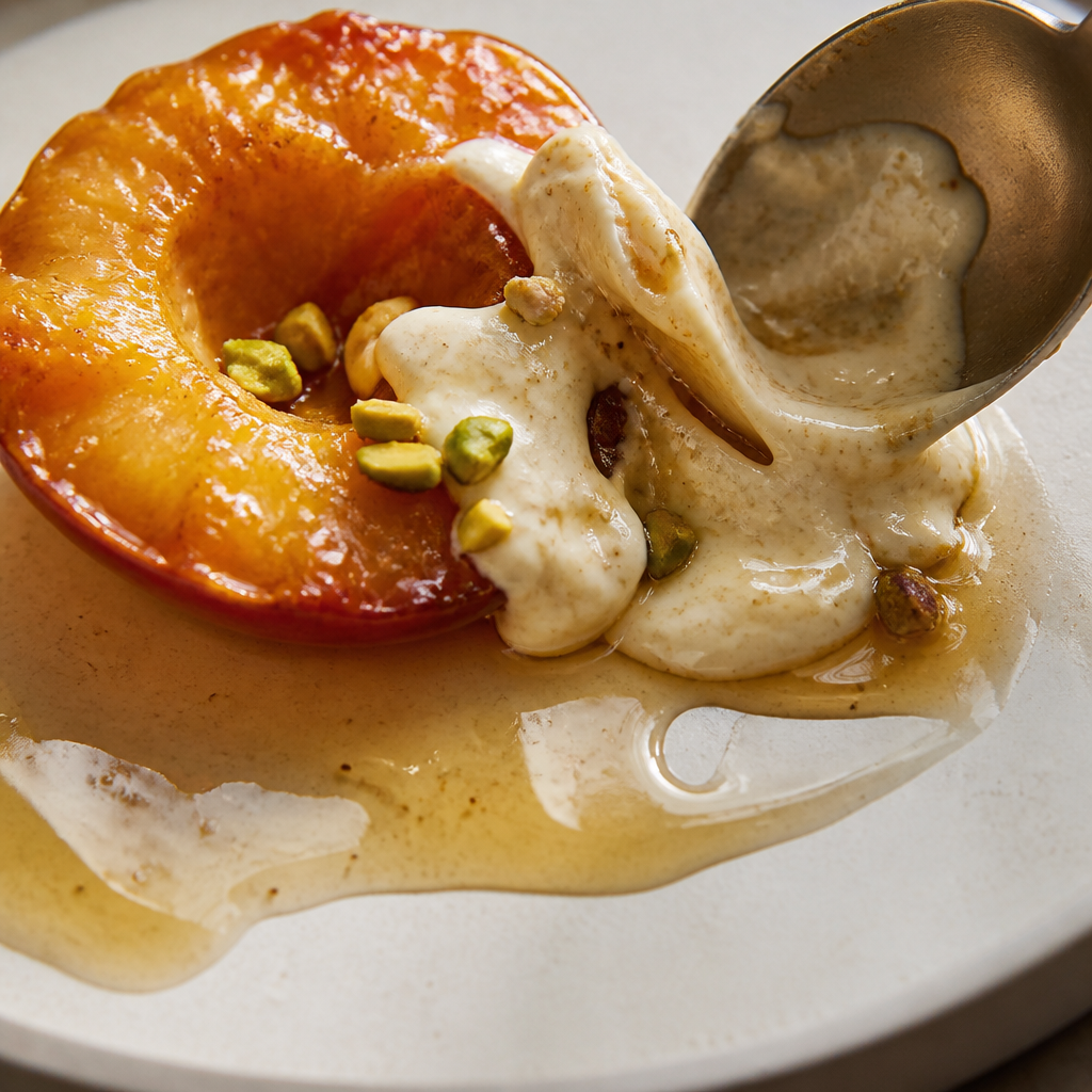 Warm caramelised peach with cold chai-spiced mascarpone