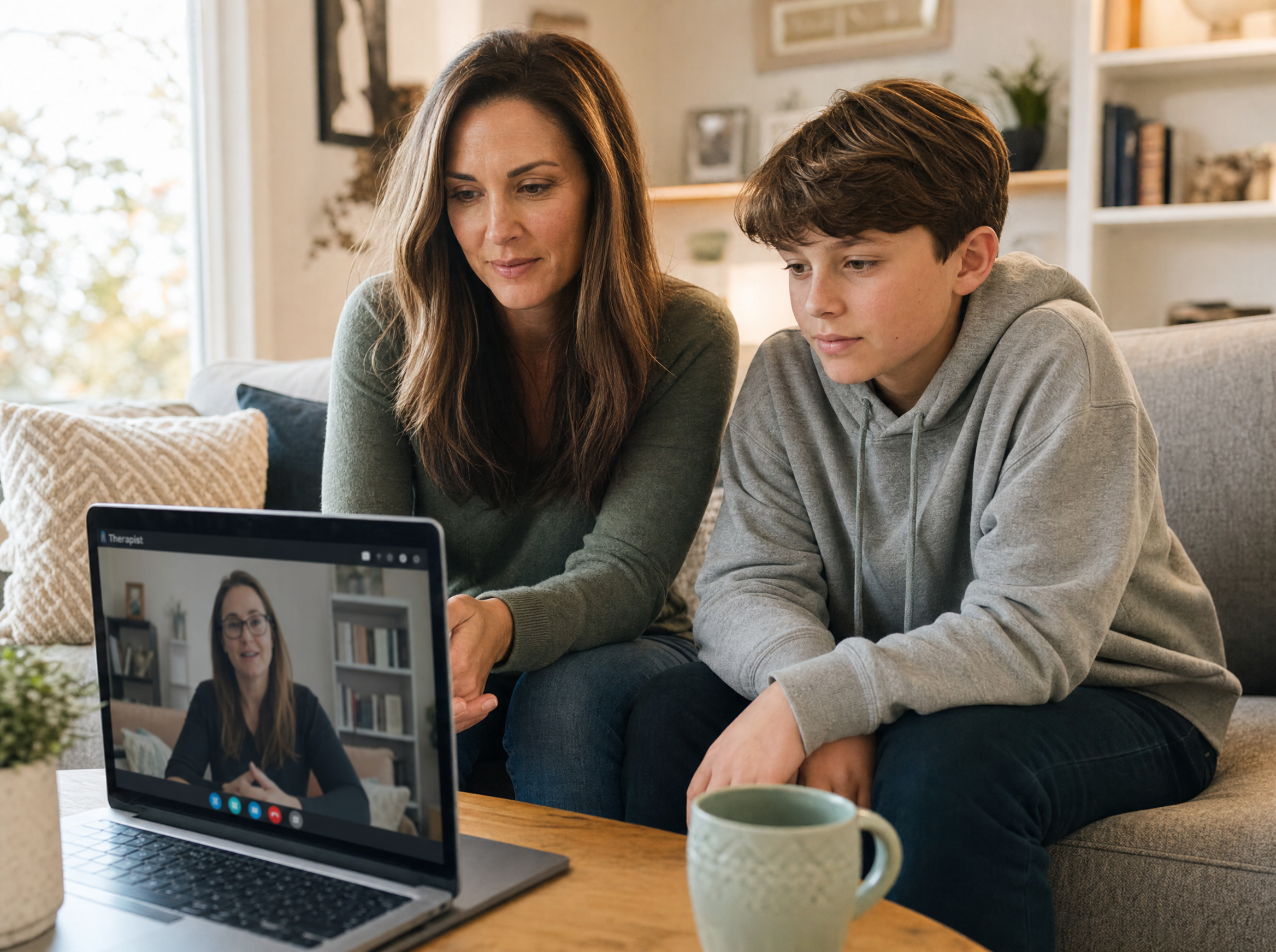 Telehealth therapy — mother and son on video call