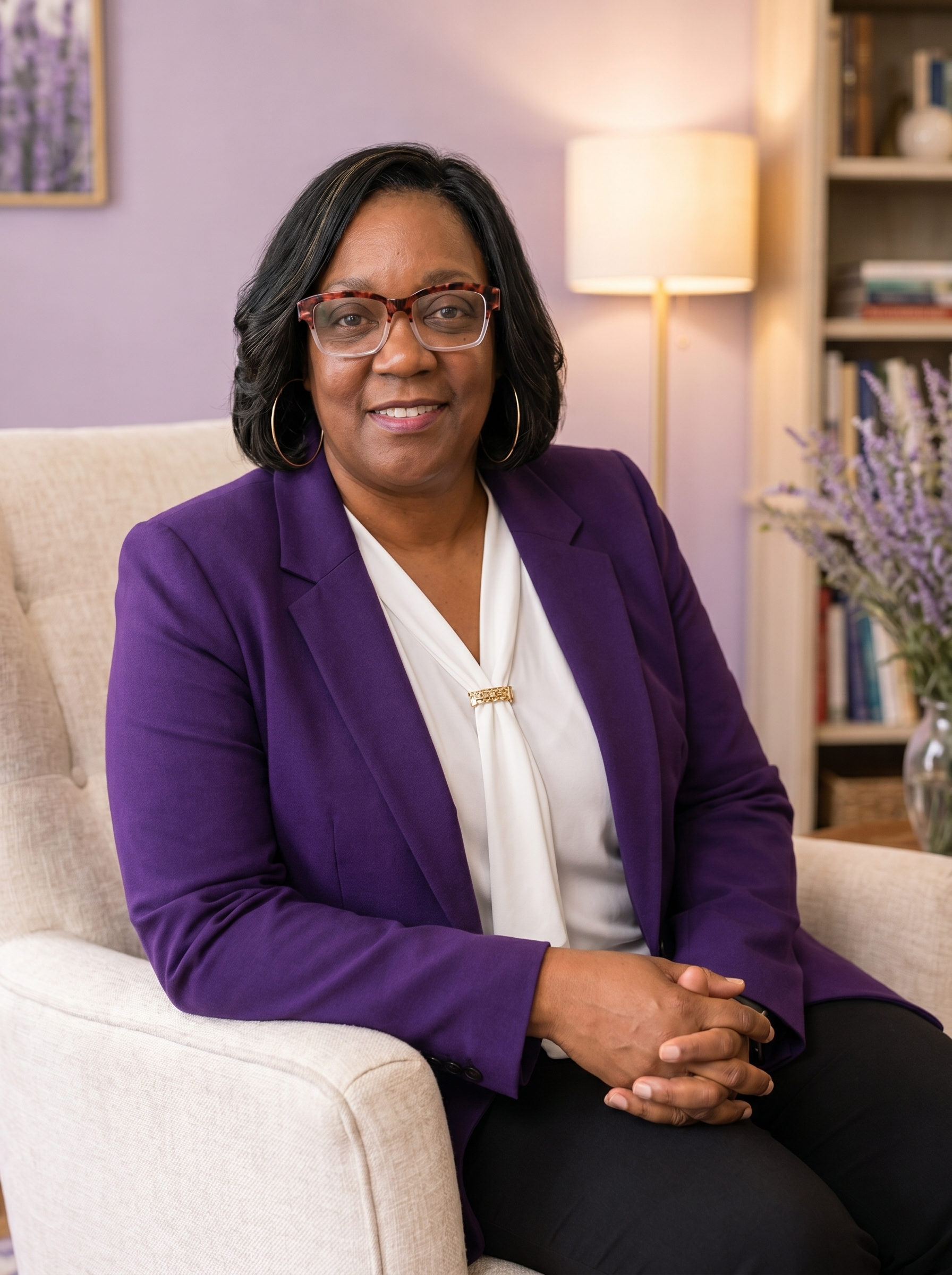 Jennifer Moore LCSW seated in therapy office — Goshen Counseling Services