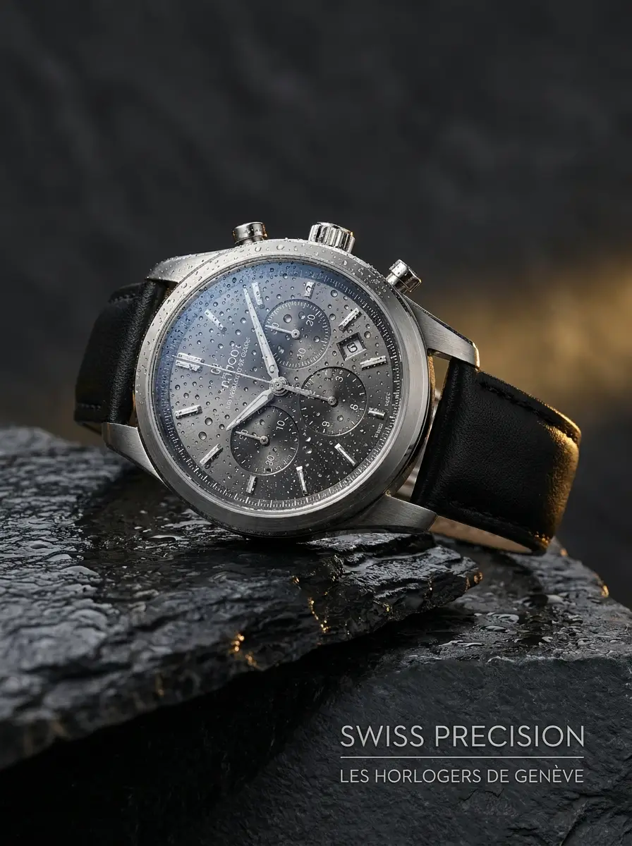 AI-Werbe-Visual: Schweizer Chronograph auf nassem Schiefer, Print-Kampagne