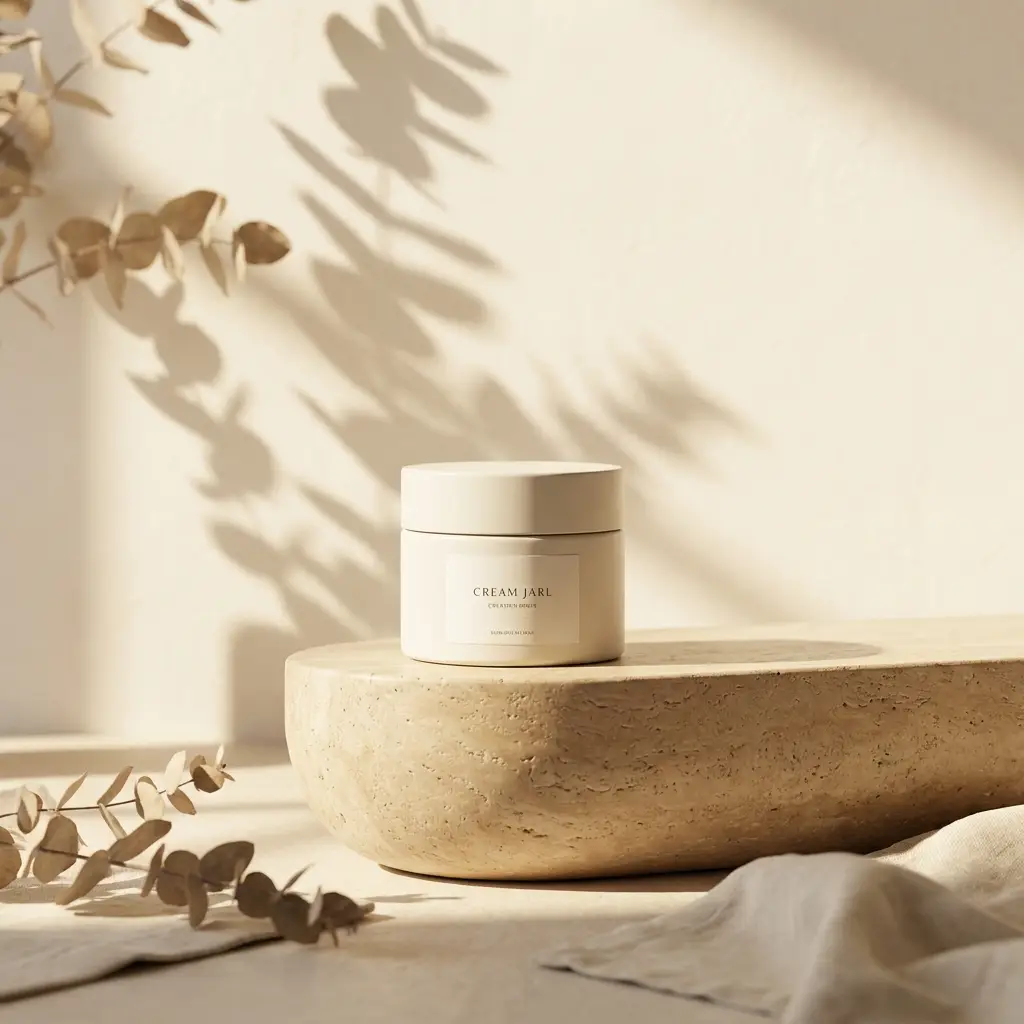 AI-Produktfotografie: Skincare-Tiegel auf Travertin mit botanischem Schattenspiel