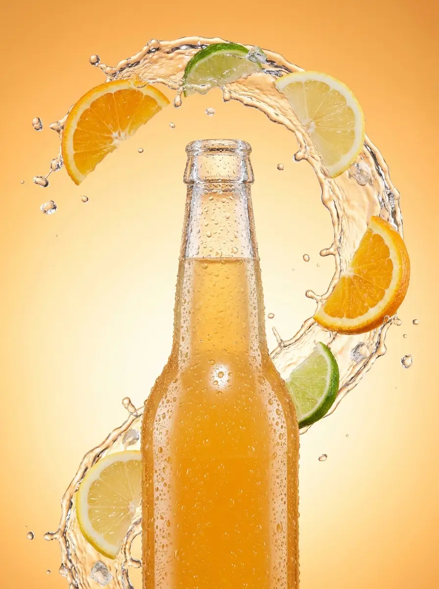 AI-Werbe-Visual: Getränkeflasche mit Splash und Zitrusscheiben in Bewegung