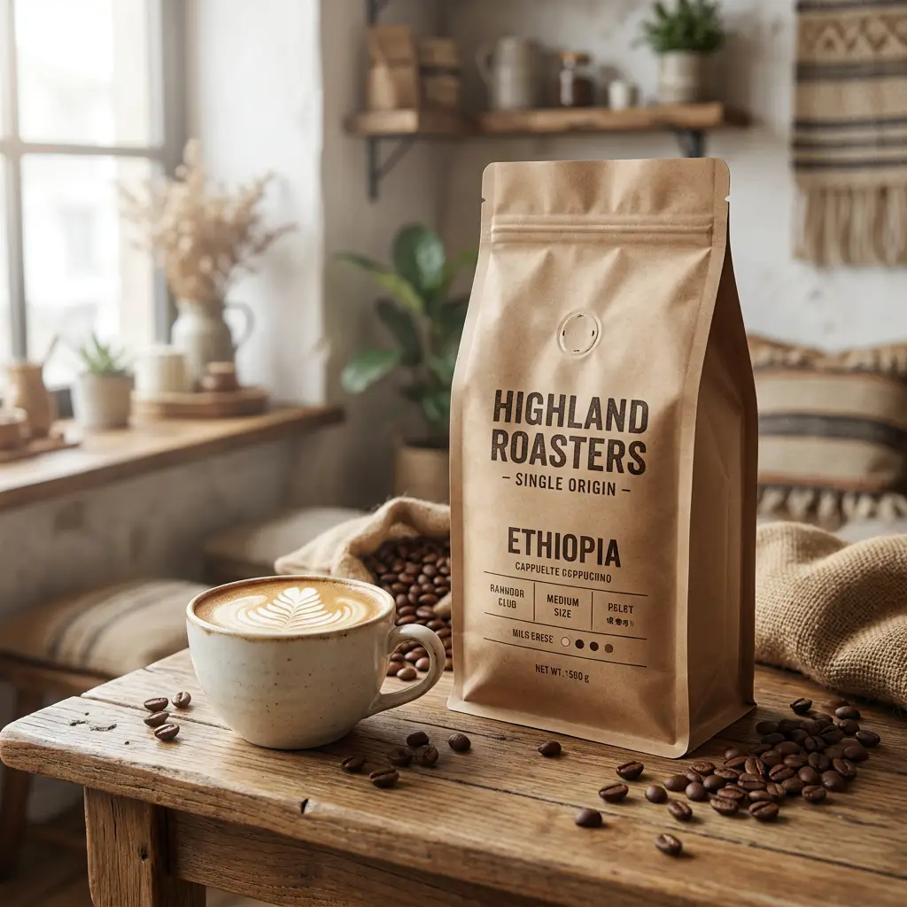 AI-Produktfotografie: Kaffee-Packung mit Cappuccino auf Holztisch