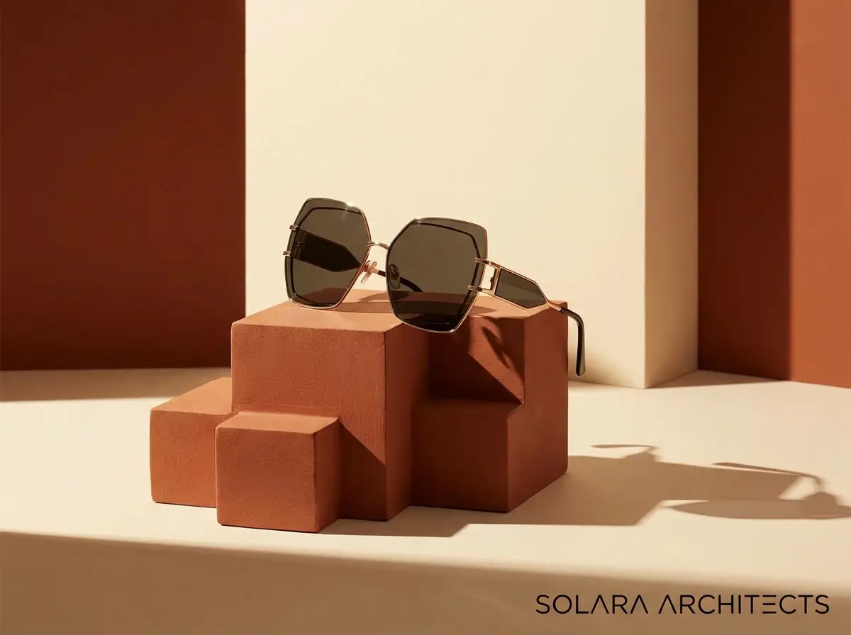 AI-Werbe-Visual: Design-Sonnenbrille auf Terracotta-Podest mit grafischen Schatten