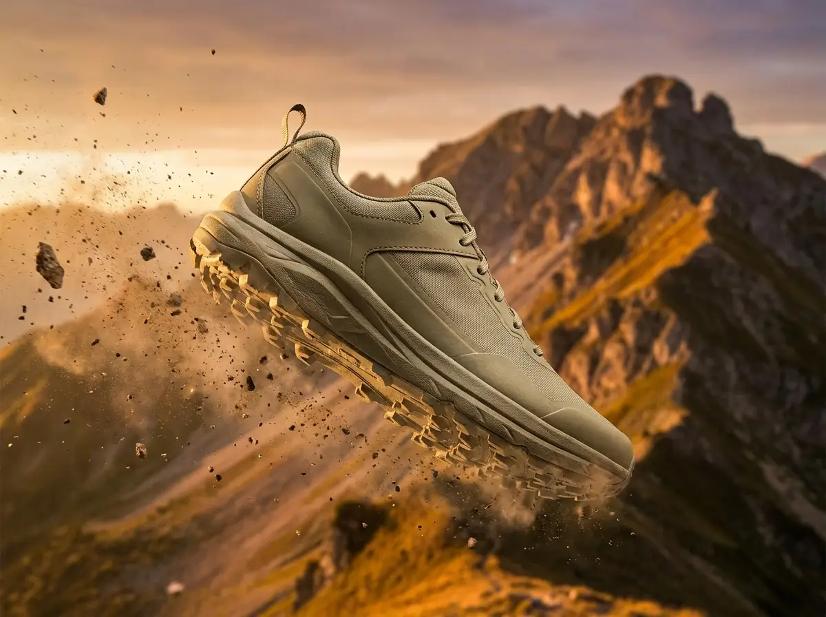 AI-Werbe-Visual: Trailrunning-Schuh fliegt vor alpiner Bergkulisse im Abendlicht