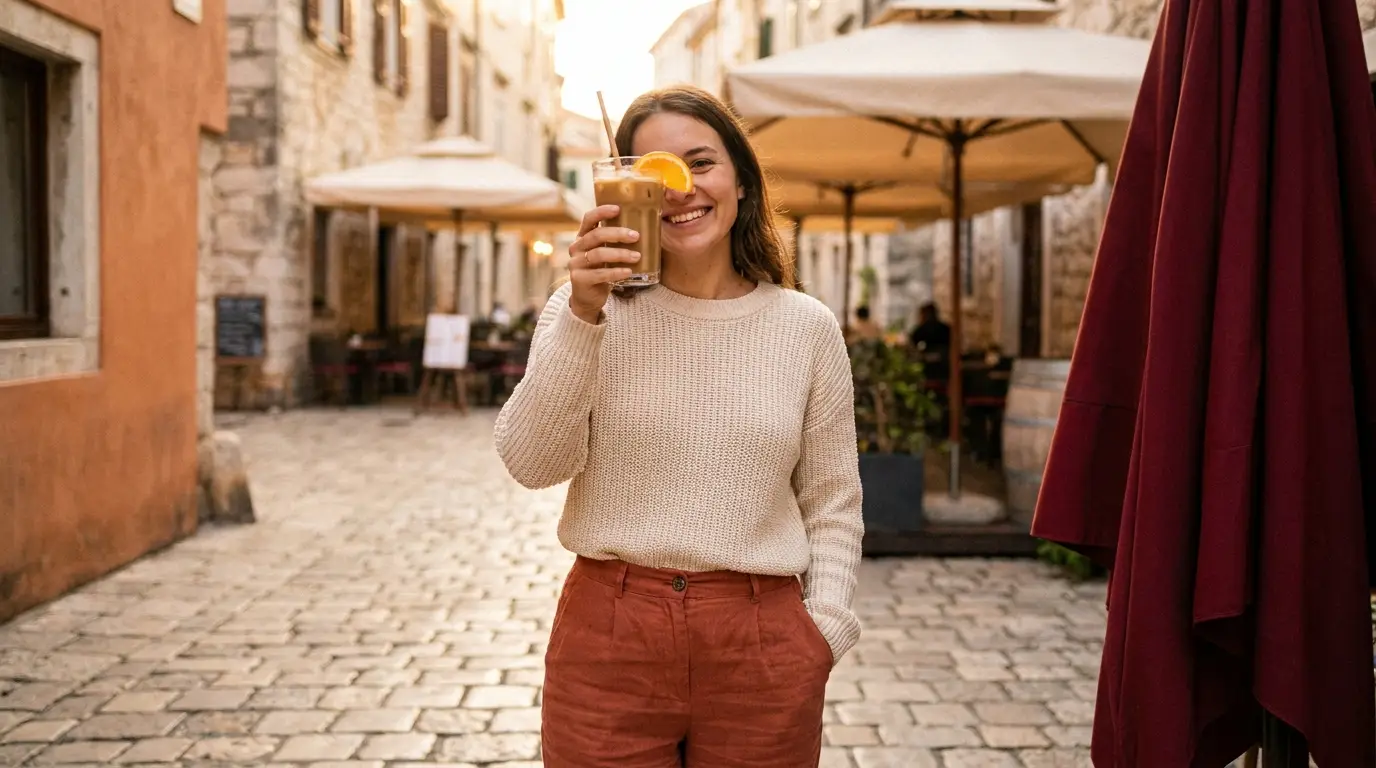 AI-Influencer Lifestyle-Kampagne: Frau mit Eiskaffee in Altstadtgasse im Abendlicht